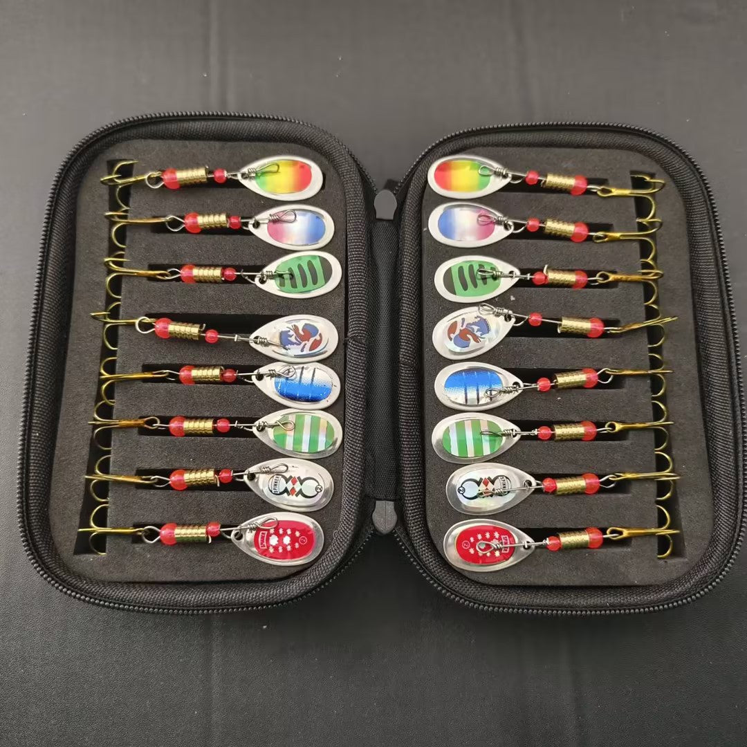 A283  Rotating Composite Spinner Lure Kit 16pcs with Treble Hooks, Including Fishing Bag & Lure Bag
