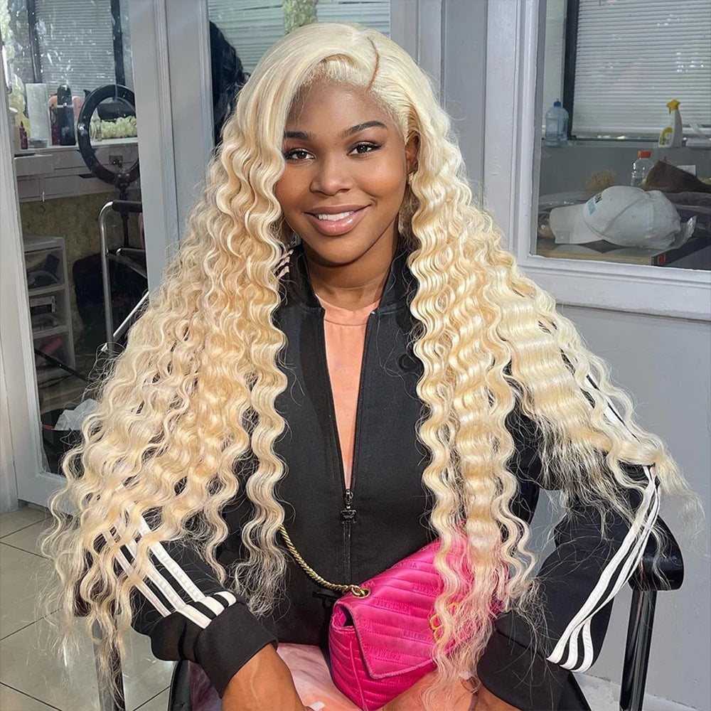 A270  Blonde Kinky Curly Lace Front Long Wig, Middle Part Afro Explosion Hairstyle Natural Synthetic Wig