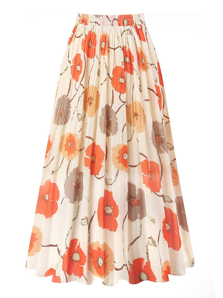 A369   Fashion Printed Chiffon Midi Skirt Women Elastic Waist Pleated Swing Skirt Elegant Lady Casual Wear