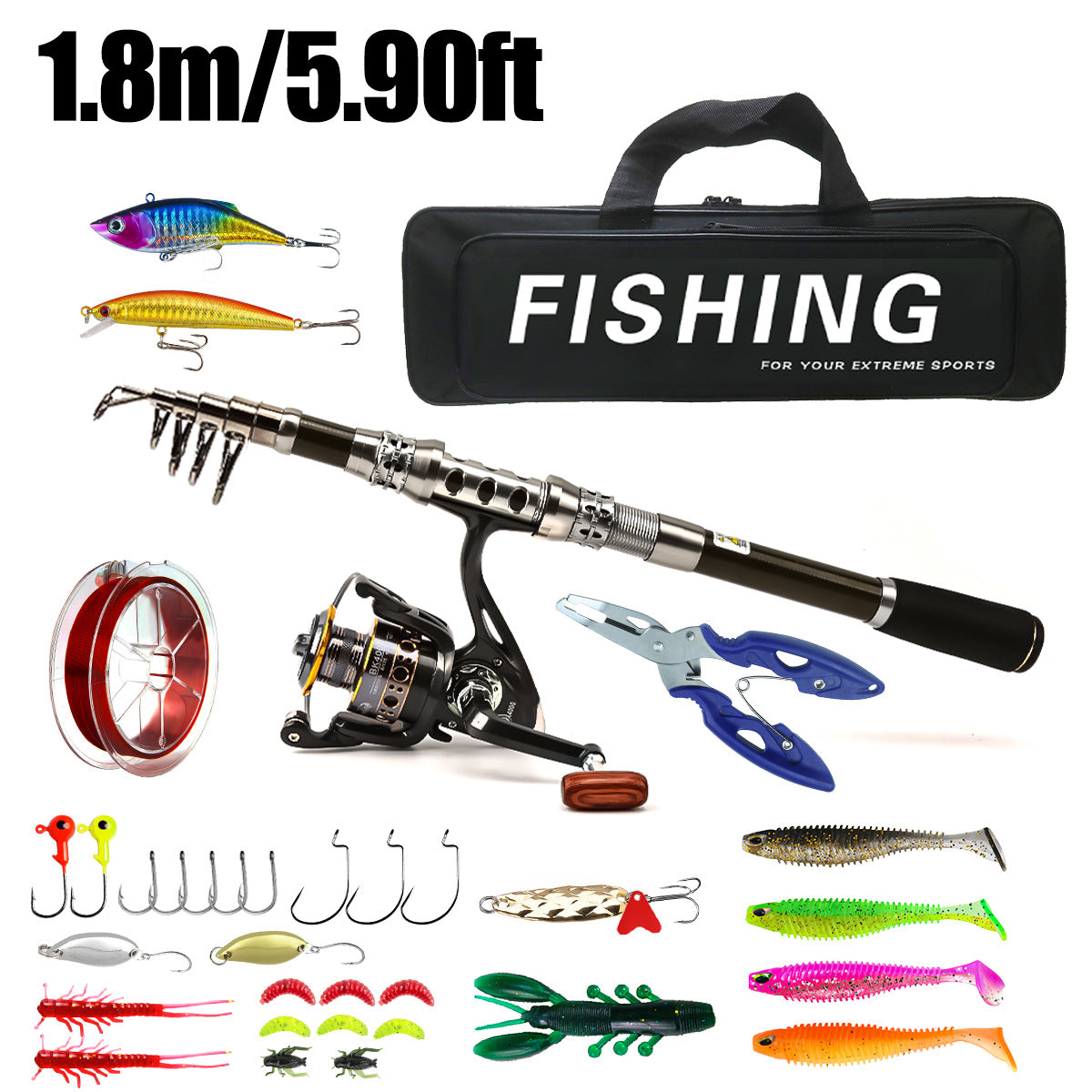 F349  Carbon Fiber Telescopic Fishing Rod and Reel Combo Portable Travel Fishing Kit for Saltwater Freshwater