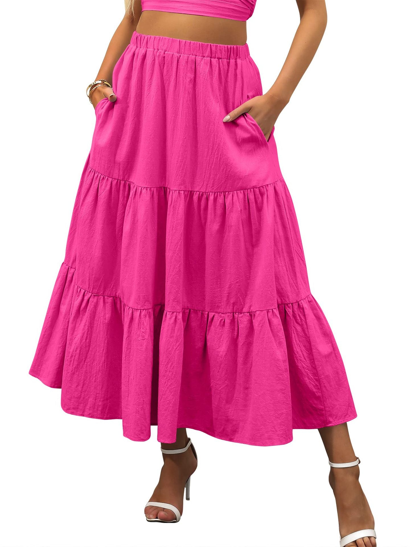 A367  Women's Summer Bohemian Pleated A-Line Flowy Layered Skirt with Pockets