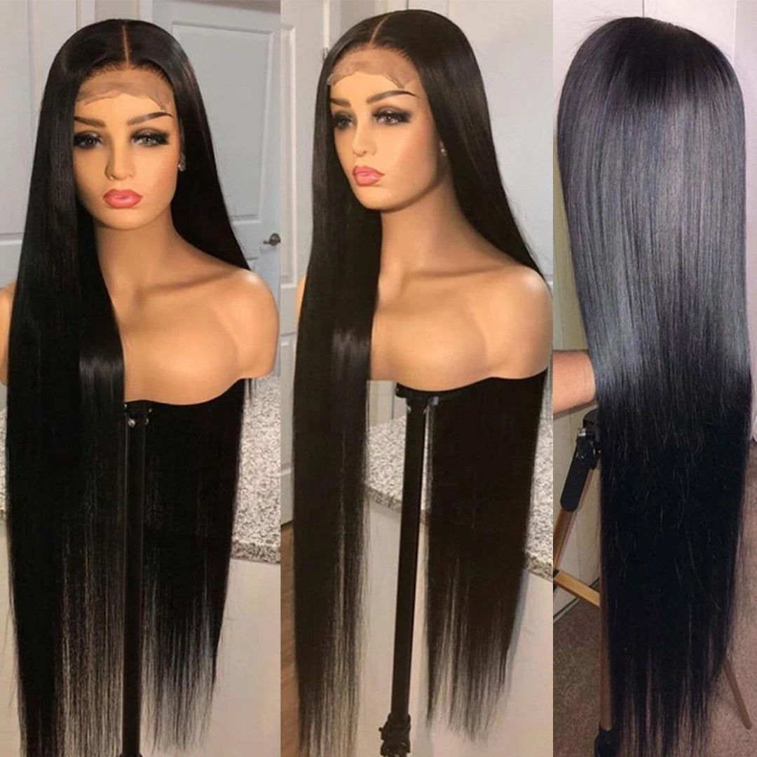 A185  Women Natural Black Middle Part Long Straight Wig with Bangs Fashion Hairpiece