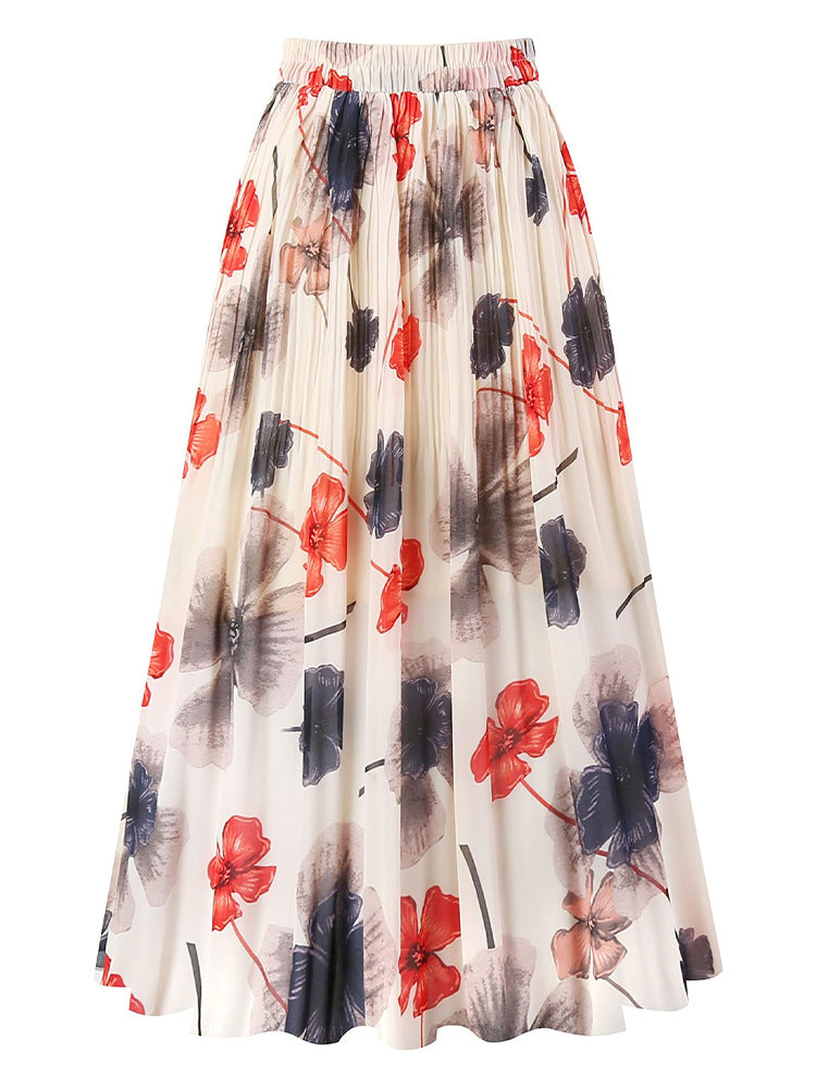 A369   Fashion Printed Chiffon Midi Skirt Women Elastic Waist Pleated Swing Skirt Elegant Lady Casual Wear