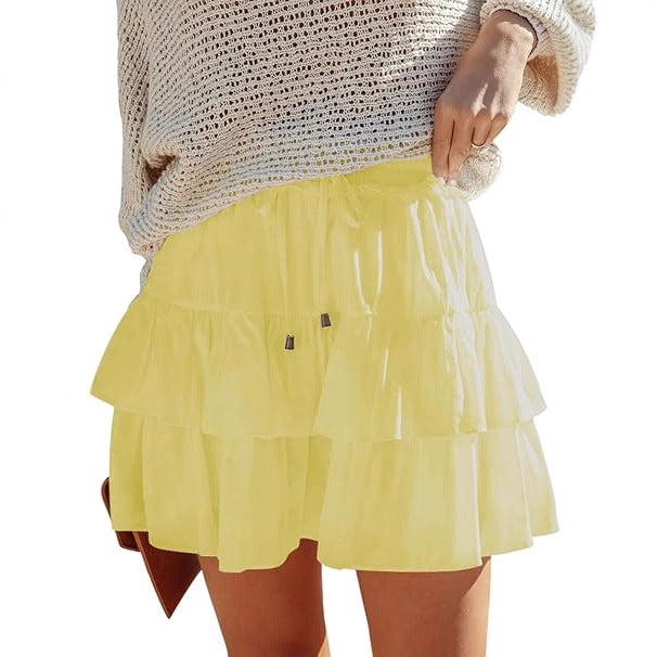 A370  Ladies Flowy Tiered Ruffle Mini Skirt High Waist Tie Waist Bohemian Skirt For Outdoor Vacation