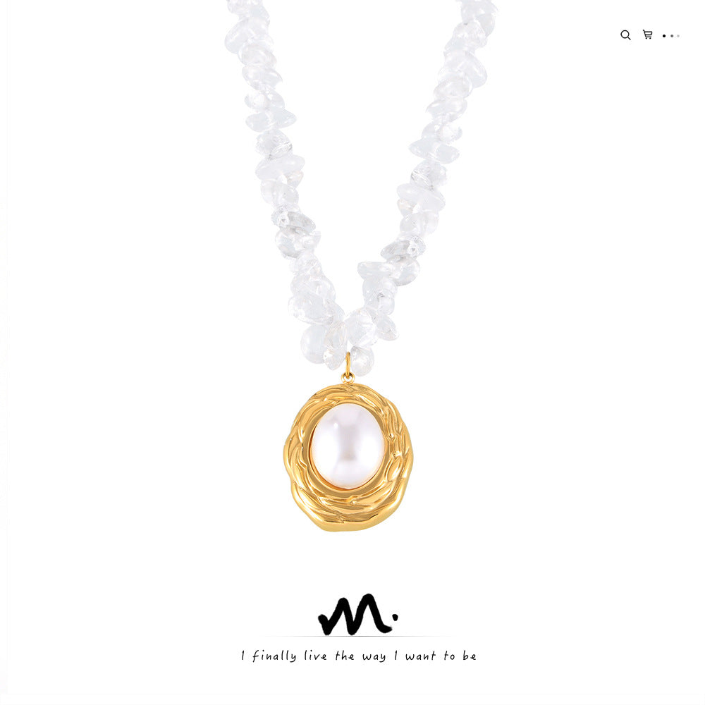 Light Luxury French Shell Bead Round Pendant Necklace, Crystal Beaded Design Titanium Steel Jewelry, Elegant All-match Clavicle Chain