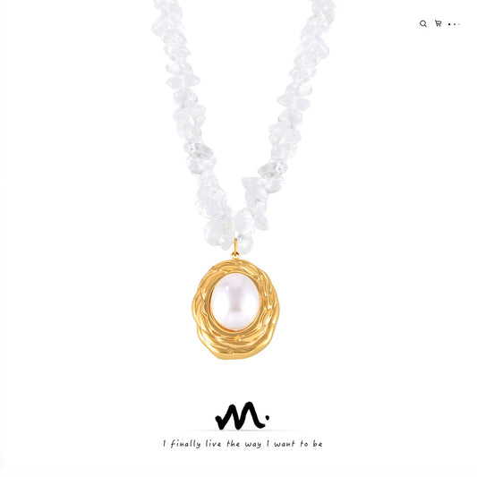 Light Luxury French Shell Bead Round Pendant Necklace, Crystal Beaded Design Titanium Steel Jewelry, Elegant All-match Clavicle Chain