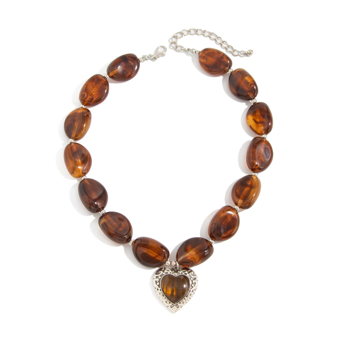 Ins Style Vintage Amber Heart Clavicle Necklace, Luxury Resin Bead Necklace for Women
