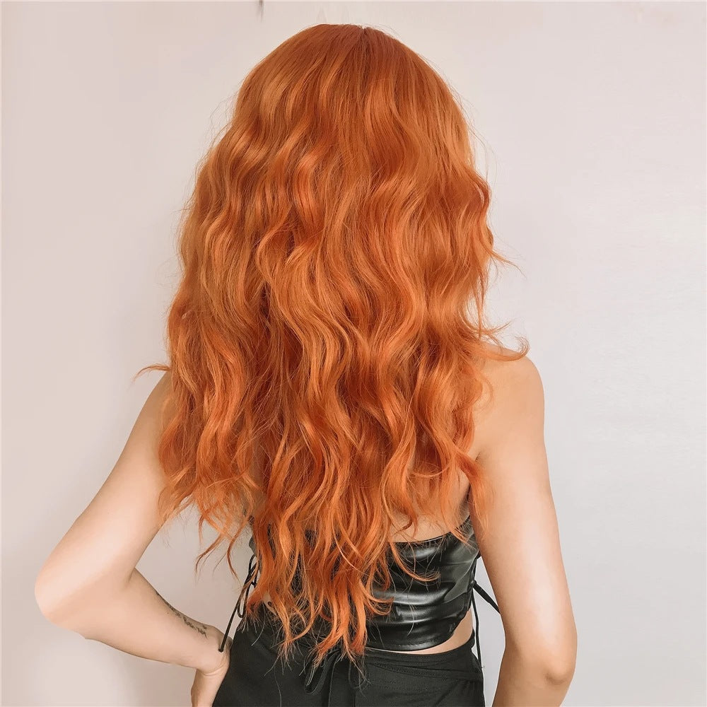A219   New Orange Long Curly Cosplay Wig with Bangs, Rose Net Realistic Wig