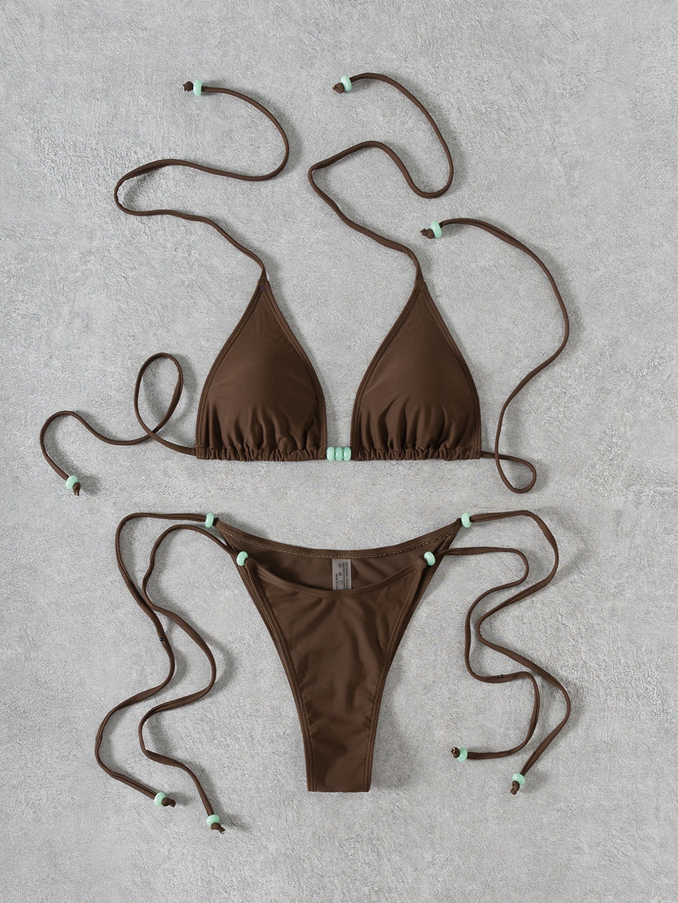 Beaded Halter Triangle Bikini Set, Textured Fabric Tie Side Two Piece Swimwear for Women