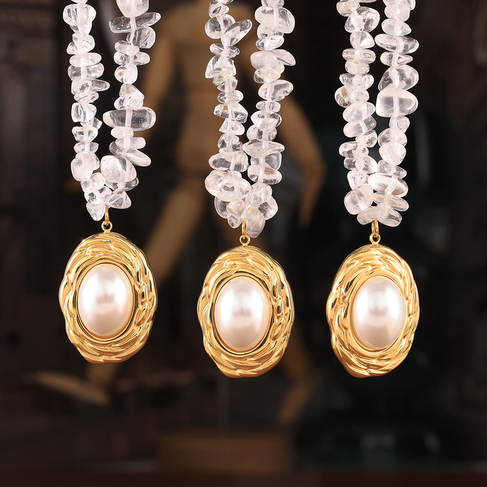 Light Luxury French Shell Bead Round Pendant Necklace, Crystal Beaded Design Titanium Steel Jewelry, Elegant All-match Clavicle Chain