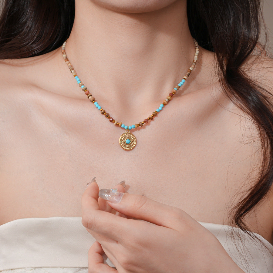A302  Boho Shell Bead Turquoise Beaded Necklace, Light Luxury Minimalist Luxury Clavicle Necklace for Women