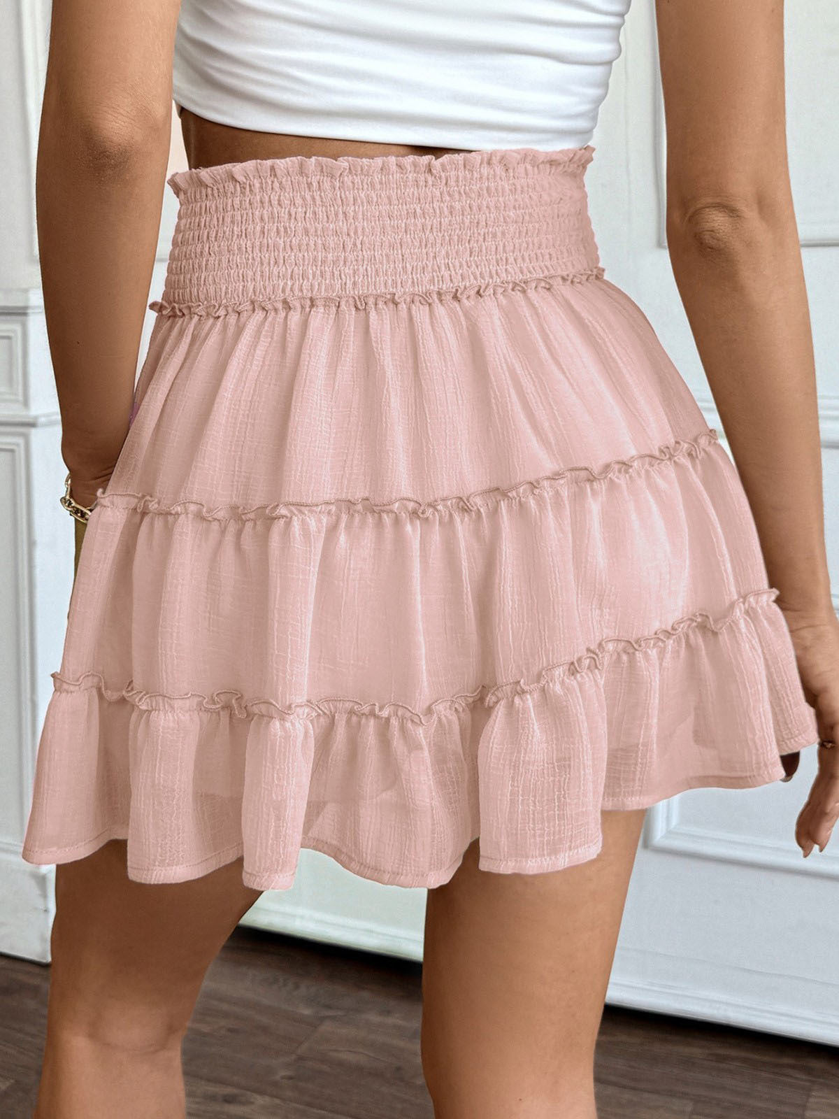 A368  Bohemian Tiered Ruffle Skirt For Women Elastic High Waist Flowy Swing Maxi Skirt Casual Vacation Wear