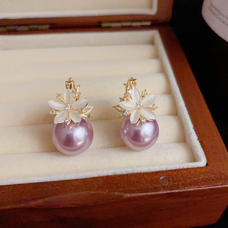 A246  Elegant Versatile Purple Pearl Double-Sided Flower Ear Clips, Minimalist Luxury 2-Way Fashion Earrings for Women