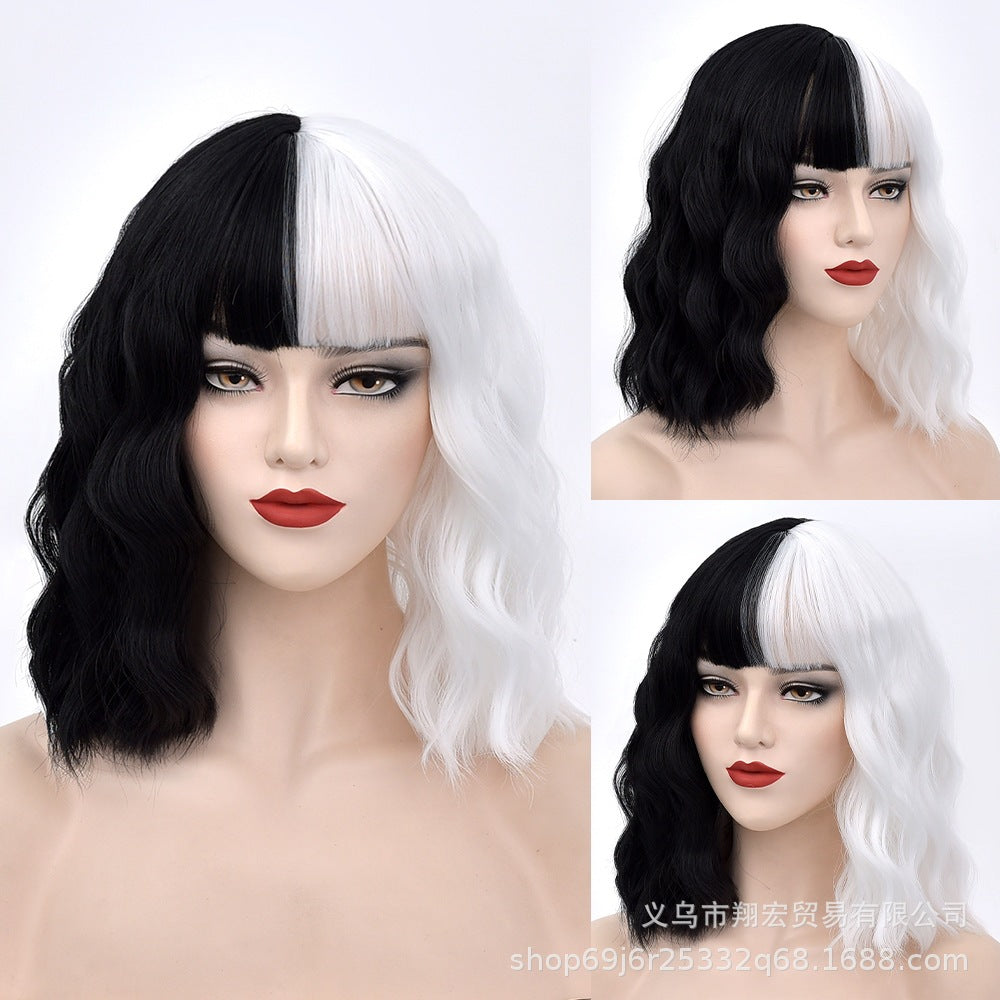 A275  Anime Party Cos Cruella Wig, Black and White Medium Long Hair, Costume Play Wig