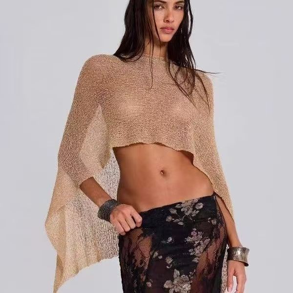 Women Hollow Out Sheer Knit Poncho Top, Multi Ways Wear Cropped Cover Up, Boho Beach Wrap Shawl, Vacation See Through Knit Blouse for Swimwear Cover Up