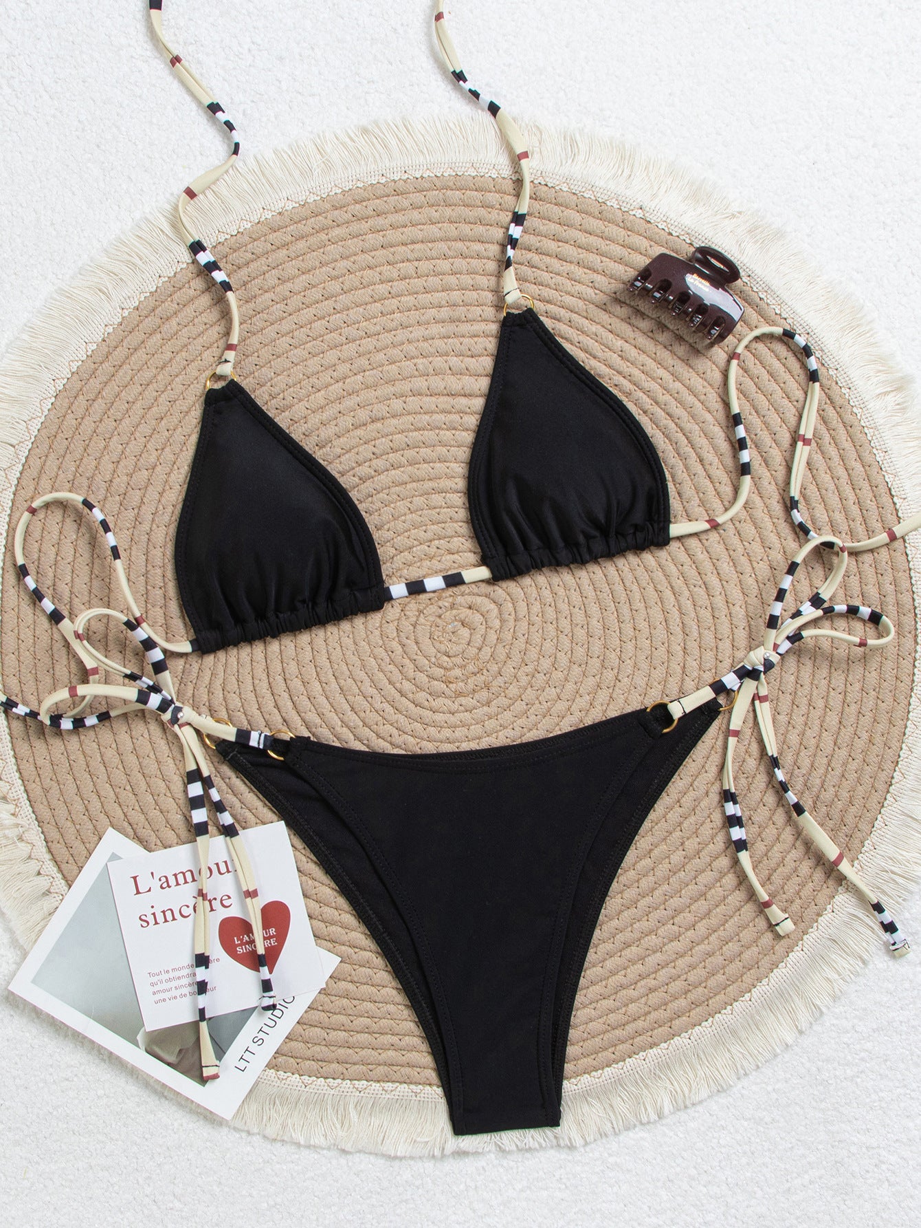 Beaded Halter Triangle Bikini Set, Textured Fabric Tie Side Two Piece Swimwear for Women