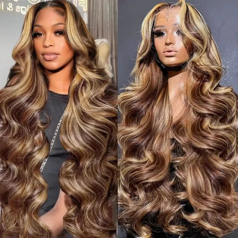 A223  Piano Color Highlight Body Wave Long Curly Wig, 13×4 Lace Front Fashion Wig for Women