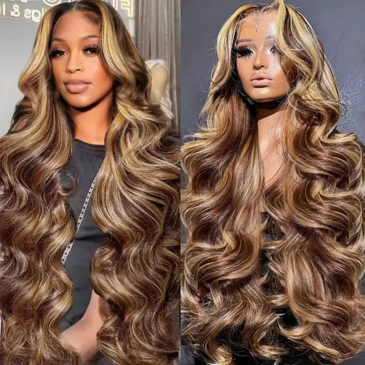 A223  Piano Color Highlight Body Wave Long Curly Wig, 13×4 Lace Front Fashion Wig for Women