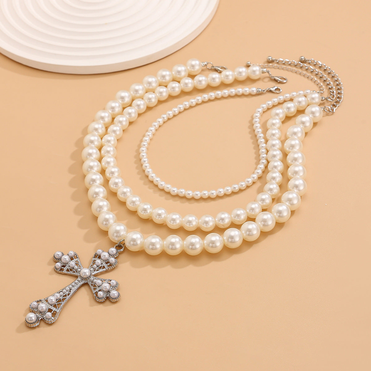 A177  Punk Pearl Cross Necklace Set, Beaded Layered Clavicle Chain Jewelry for Women