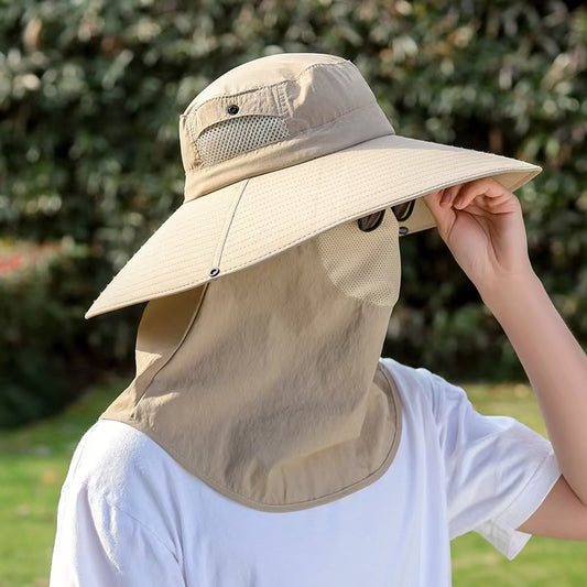 UPF50+ Wide Brim Sun Hat for Men, 360 Full Face Neck Cover Fishing Hat, UV Protection Outdoor Bucket Hat, Breathable Windproof Sun Cap for Cycling Gardening Hiking