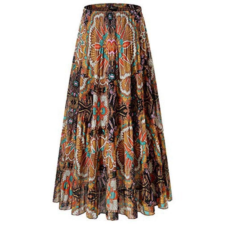 Women Floral Print Chiffon Maxi Skirt, Elastic High Waist Pleated A-Line Flared Long Skirt