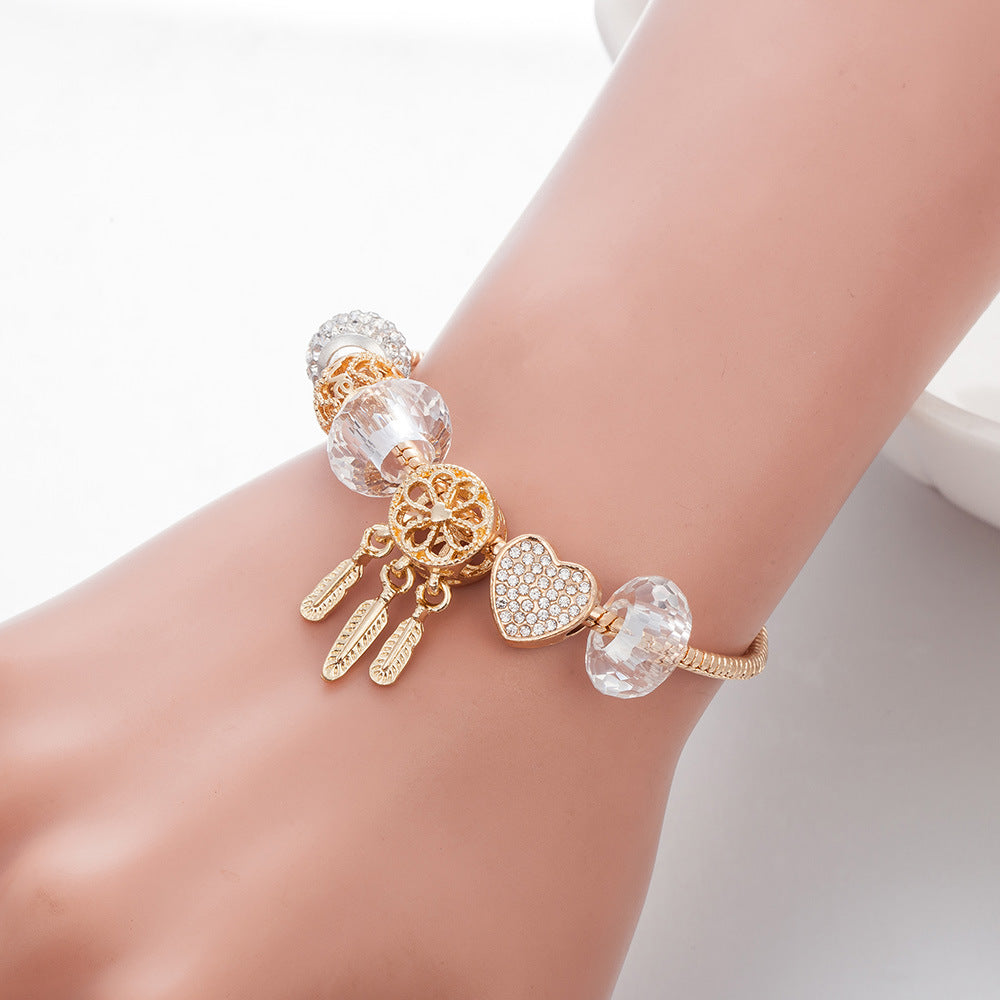 Dreamcatcher Heart-Shaped Diamond-Studded Clear Crystal Bead Bracelet