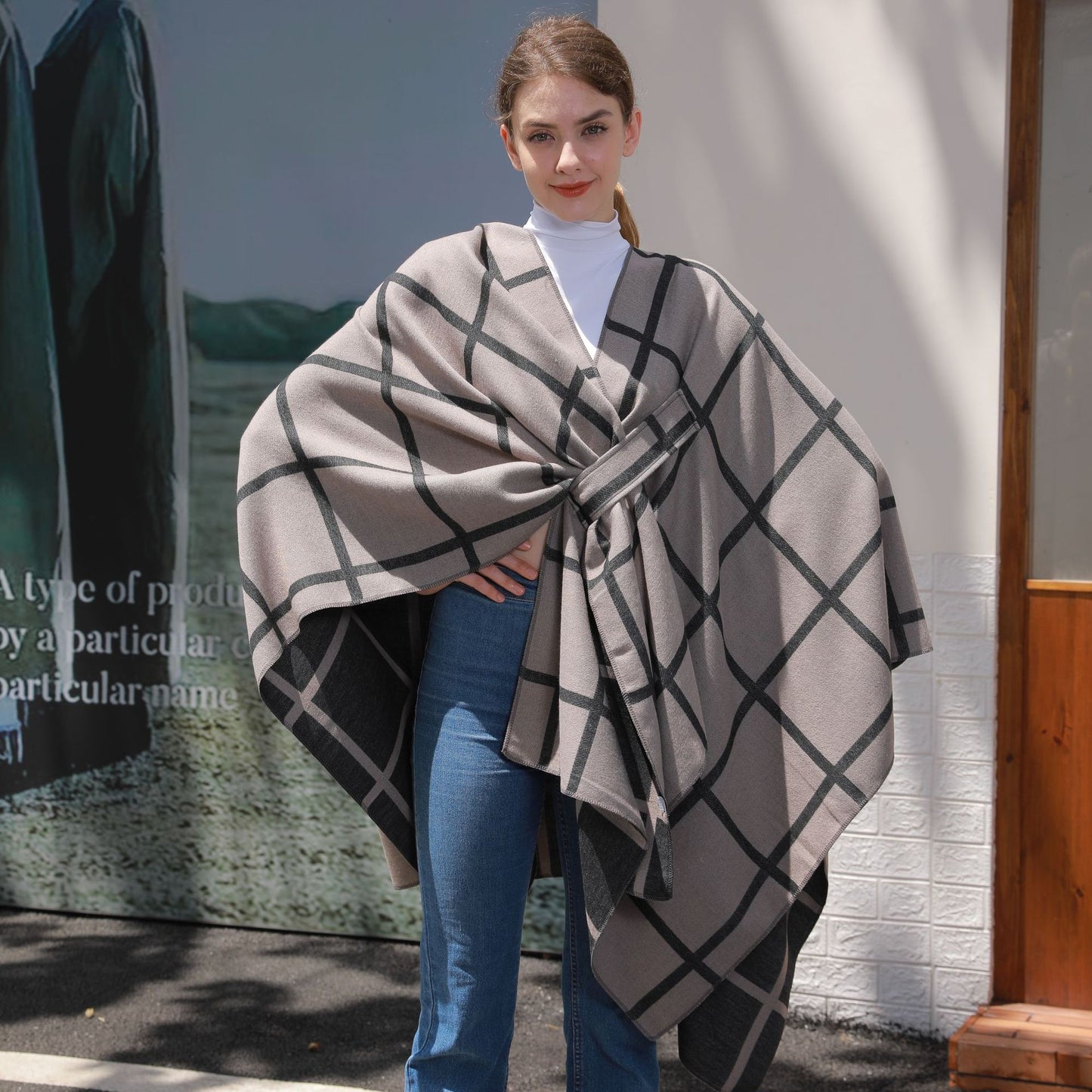 Classic Plaid Wrap-Around Scarf for Fall and Winter Tie-Front Cardigan Outerwear Office Blanket for Warmth