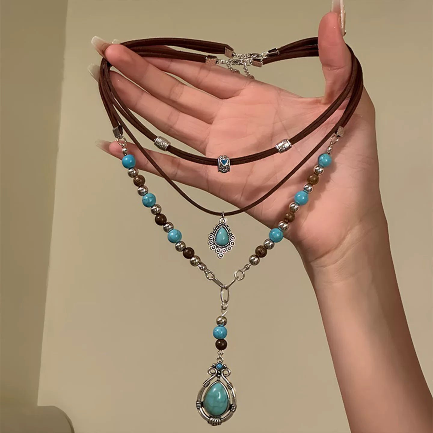 A287  Eye-Catching Turquoise Boho Ethnic Necklace, Designer Multi-Layer Stacked Clavicle Chain