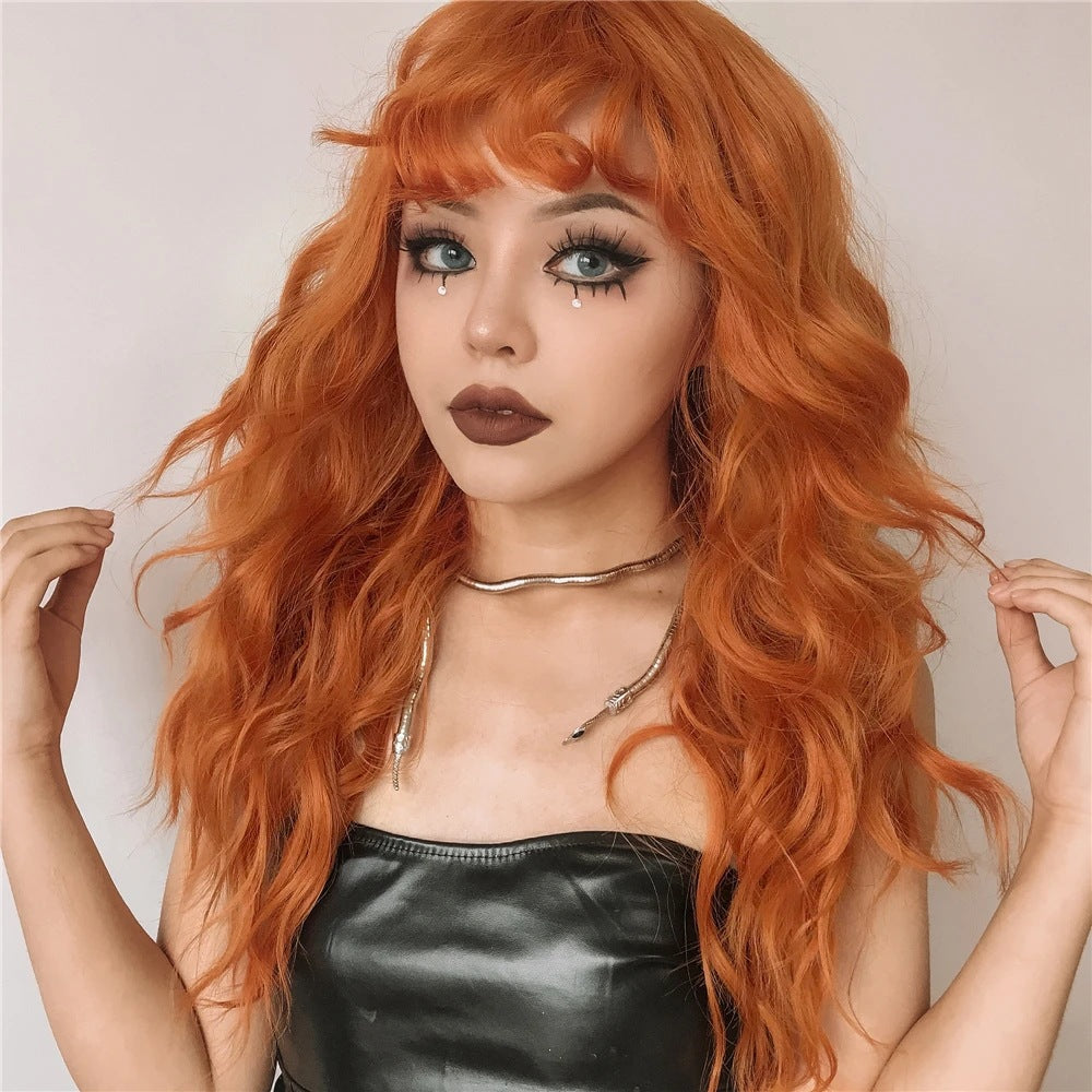 A219   New Orange Long Curly Cosplay Wig with Bangs, Rose Net Realistic Wig
