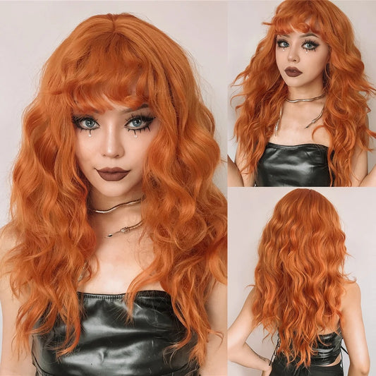 A219   New Orange Long Curly Cosplay Wig with Bangs, Rose Net Realistic Wig