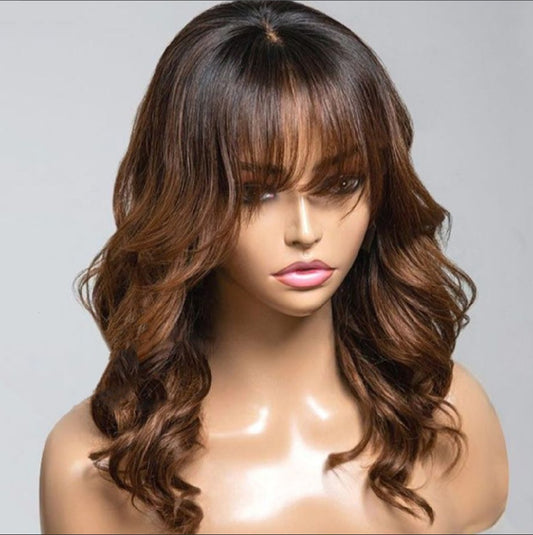 W339  Layered Wavy Wig with Bangs Ombre Caramel Brown Heat Resistant Synthetic Wig No Shedding No Tangle for Daily Use