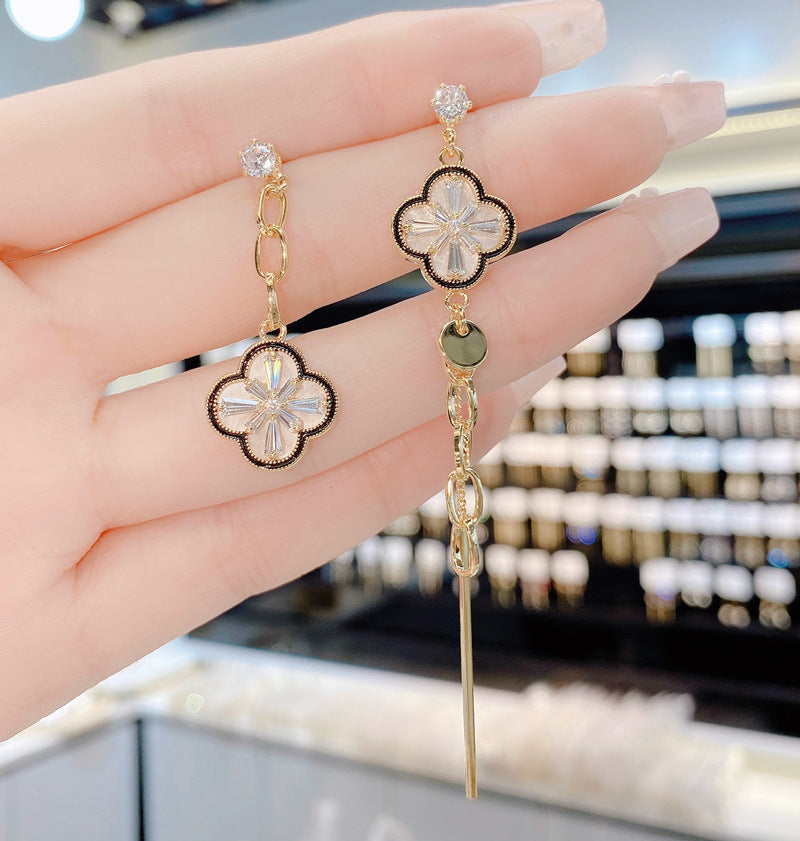 Elegant Asymmetric Four-Leaf Flower Long Tassel Earrings, Sterling Silver Pin