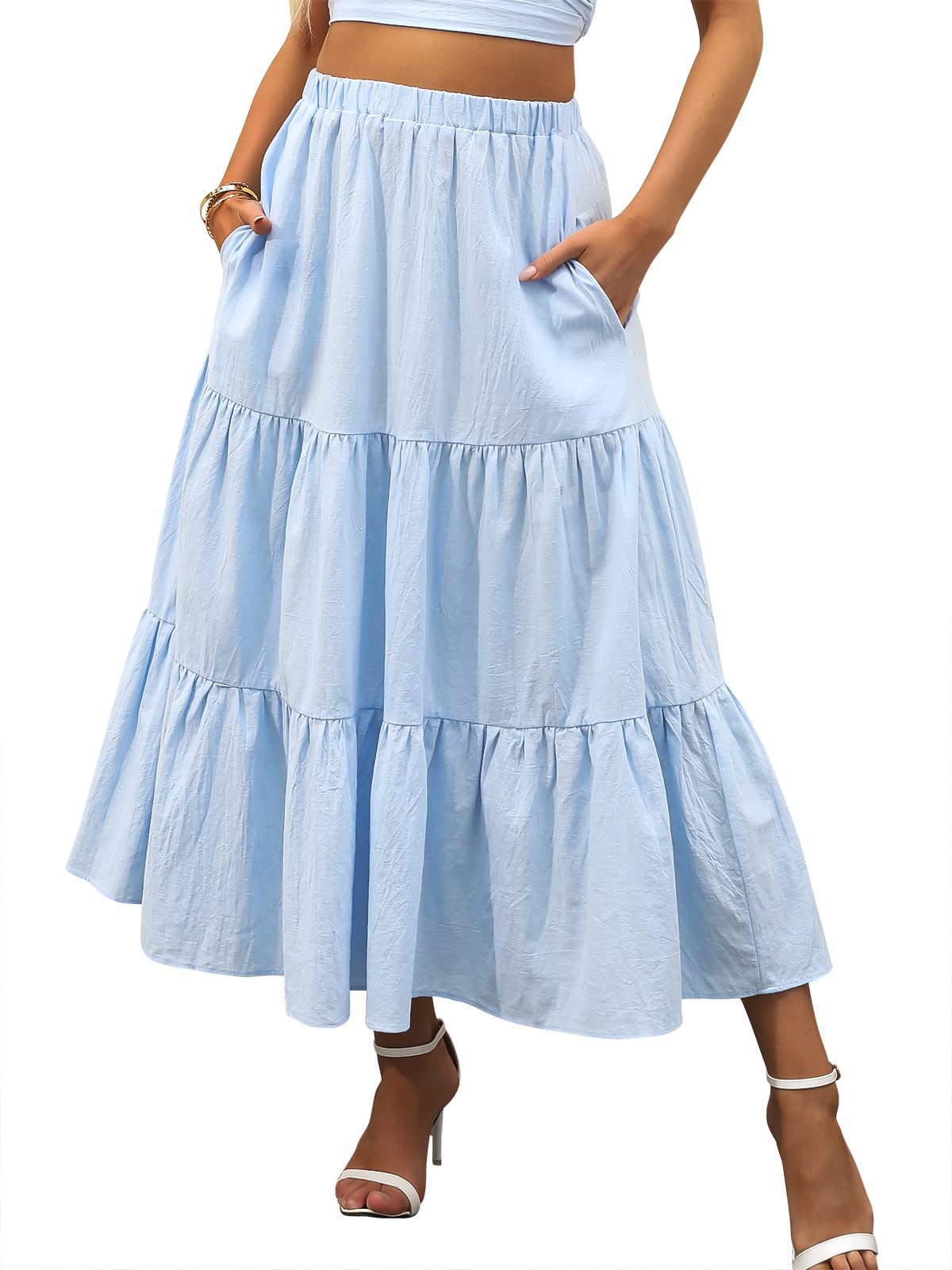 A367  Women's Summer Bohemian Pleated A-Line Flowy Layered Skirt with Pockets