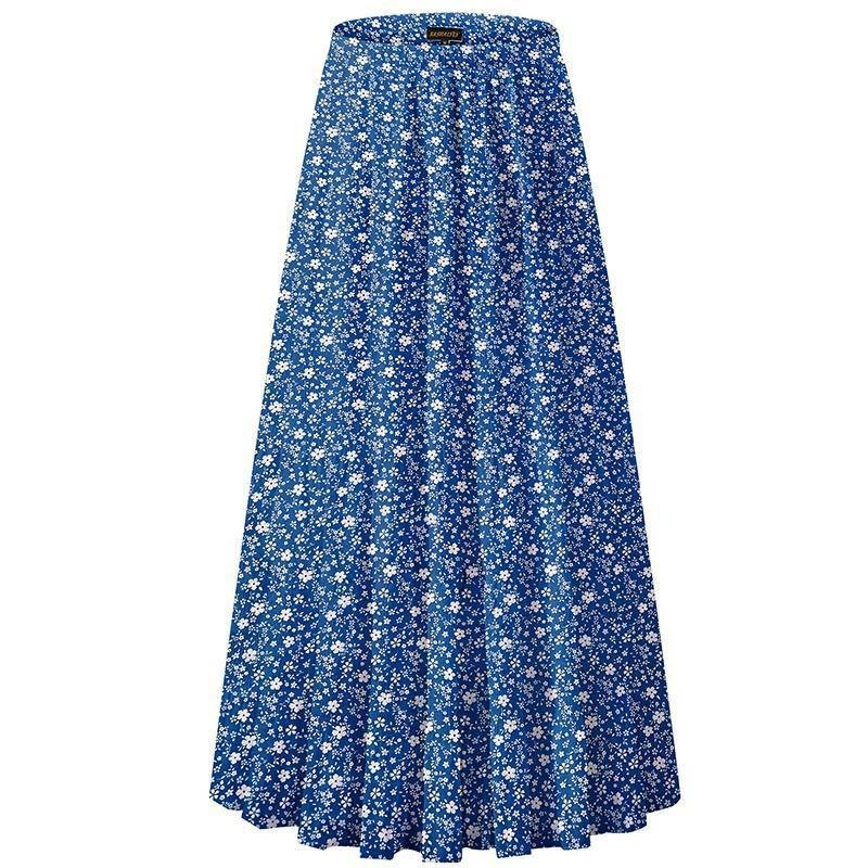Women Floral Print Chiffon Maxi Skirt, Elastic High Waist Pleated A-Line Flared Long Skirt