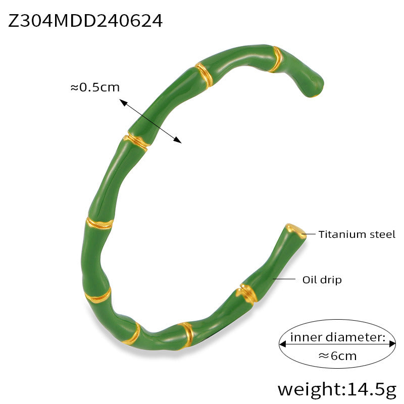 Dopamine Dressing Simple Versatile Jewelry, Enamel Weight Design Bamboo Shape Titanium Steel Open Cuff Bangle