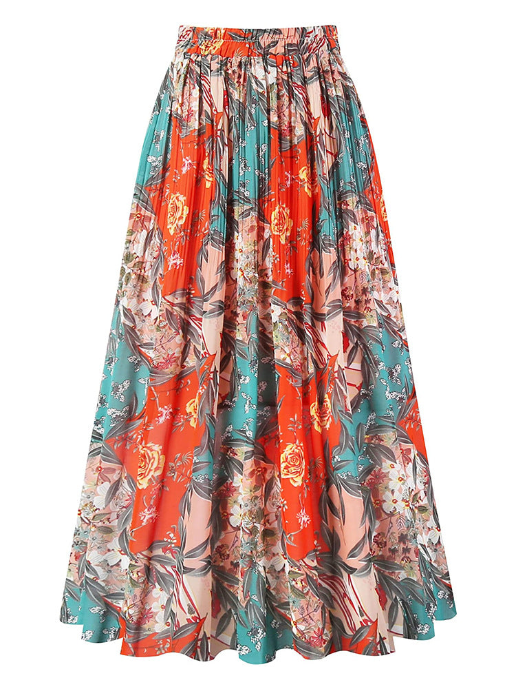 A369   Fashion Printed Chiffon Midi Skirt Women Elastic Waist Pleated Swing Skirt Elegant Lady Casual Wear