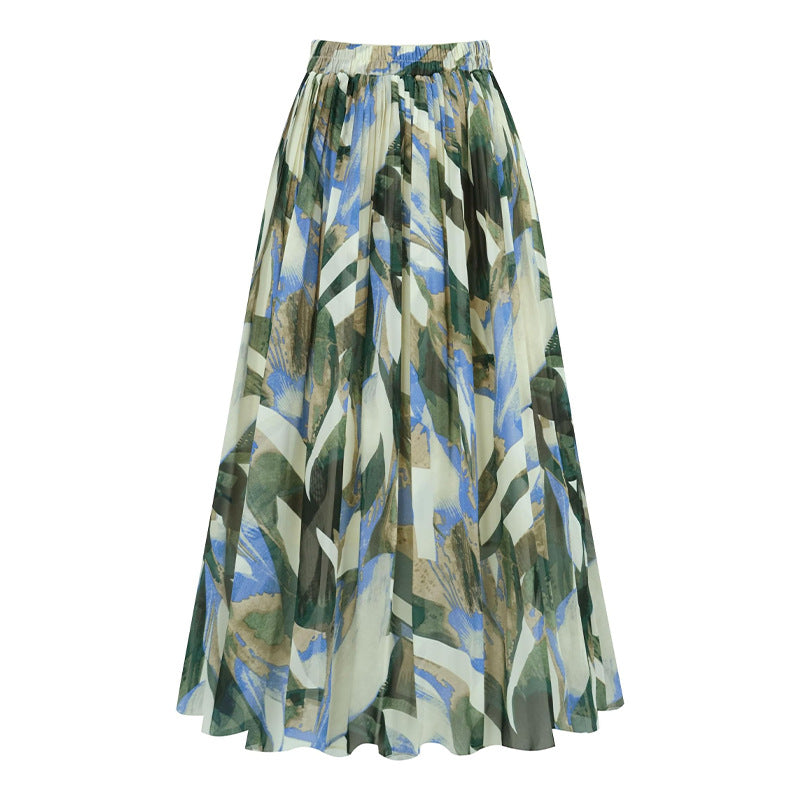 A369   Fashion Printed Chiffon Midi Skirt Women Elastic Waist Pleated Swing Skirt Elegant Lady Casual Wear