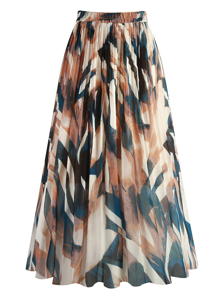 A369   Fashion Printed Chiffon Midi Skirt Women Elastic Waist Pleated Swing Skirt Elegant Lady Casual Wear
