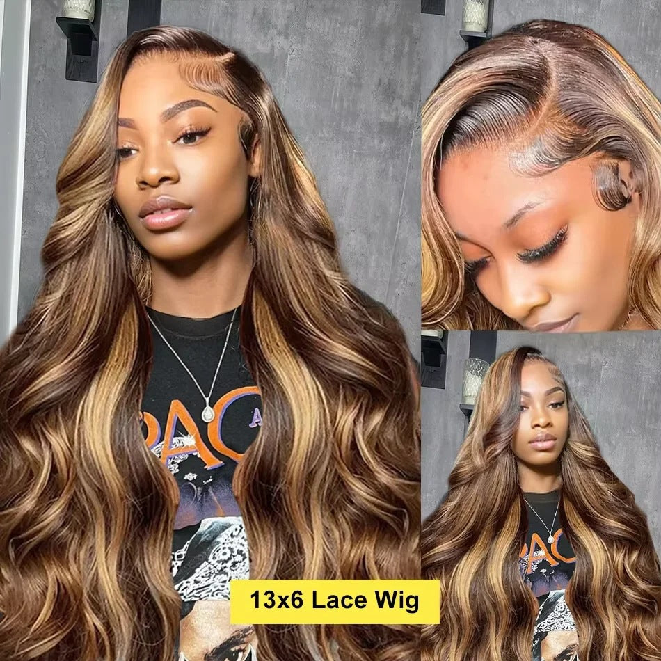 A223  Piano Color Highlight Body Wave Long Curly Wig, 13×4 Lace Front Fashion Wig for Women