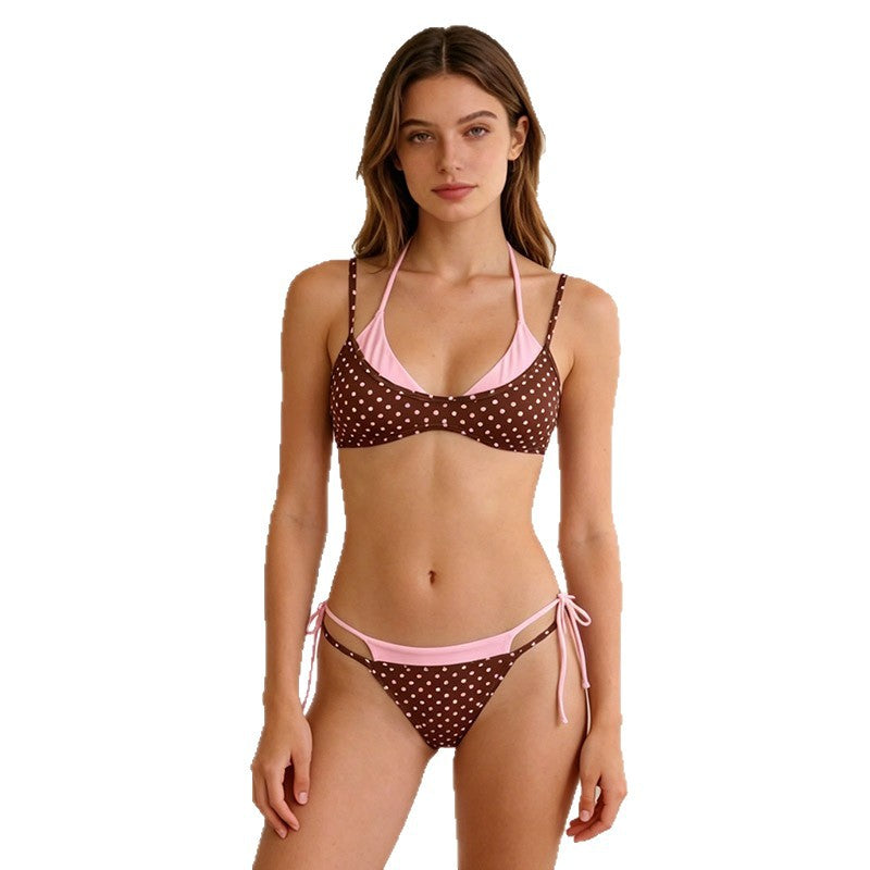 Retro Polka Dot Layered Bikini Set, Contrast Color Tie Side Two Piece Swimsuit for Women Beach Swimwear