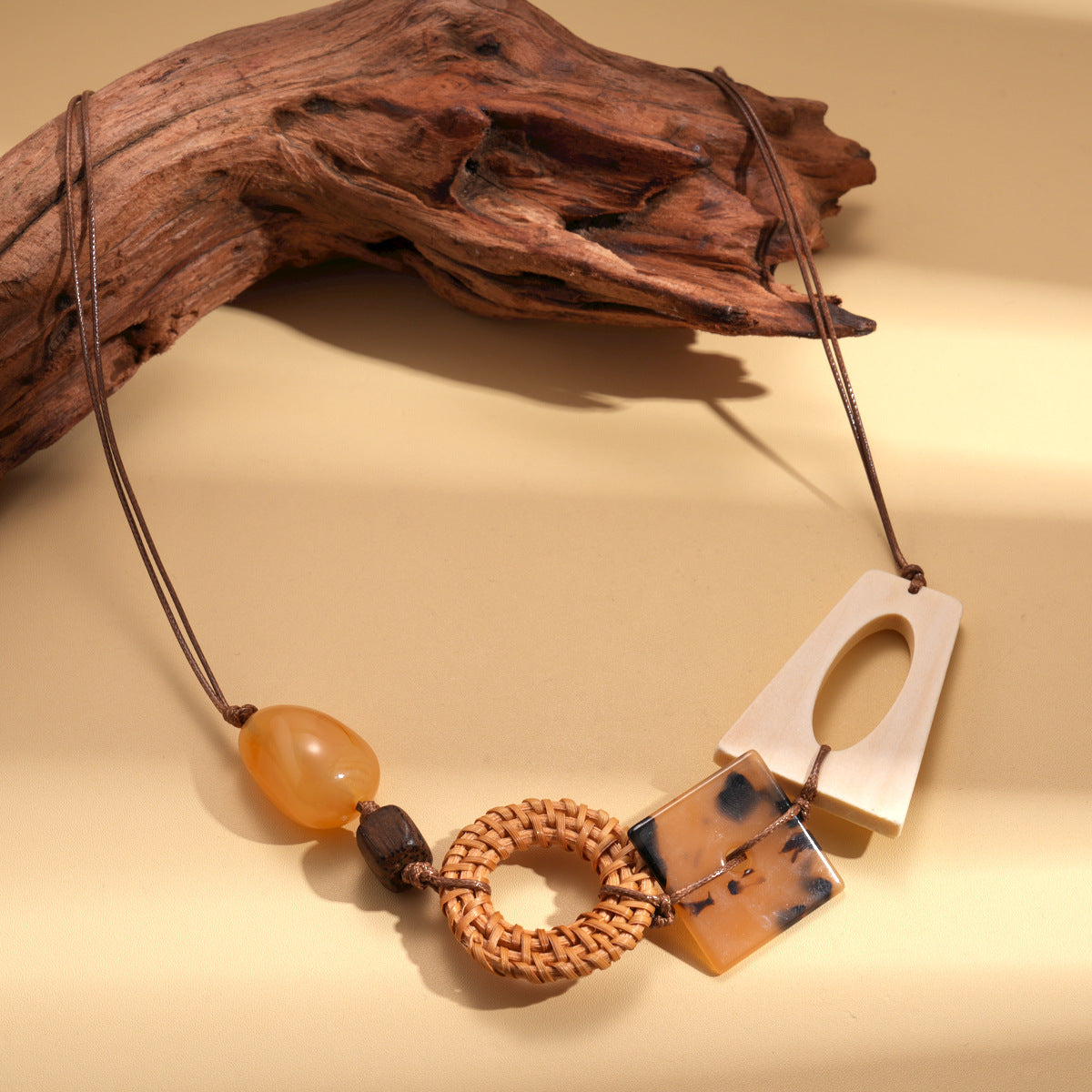 A192  Vintage Ethnic Wooden Resin Rattan Woven Pendant Sweater Necklace, Square Round Elegant Necklace for Women