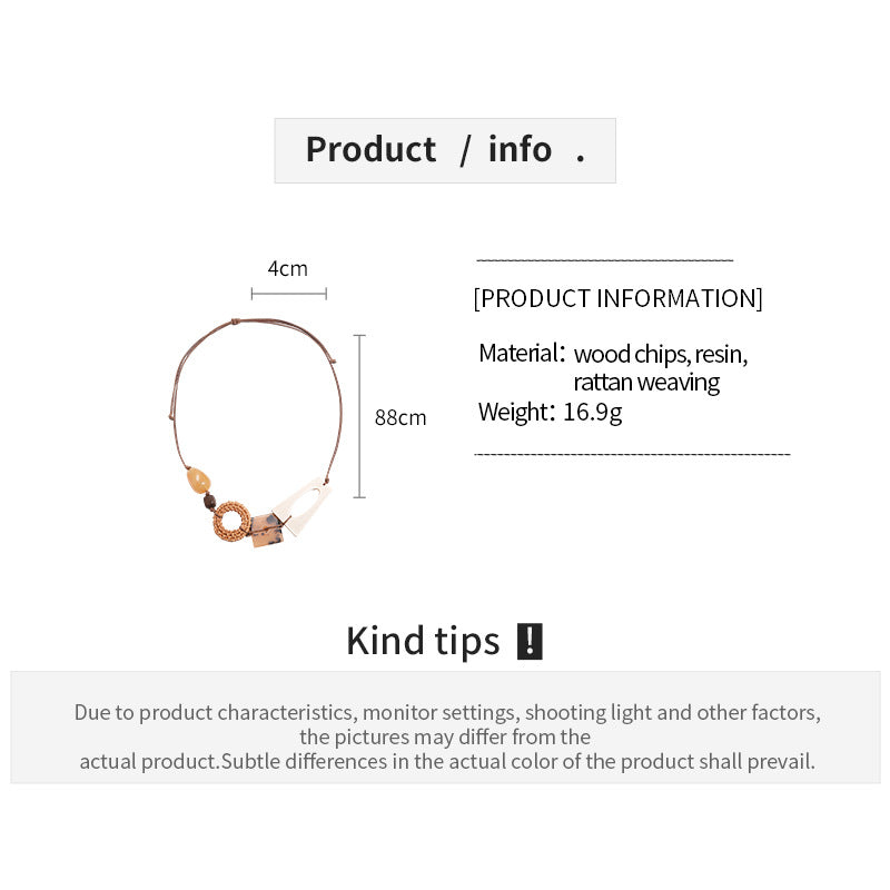 A192  Vintage Ethnic Wooden Resin Rattan Woven Pendant Sweater Necklace, Square Round Elegant Necklace for Women