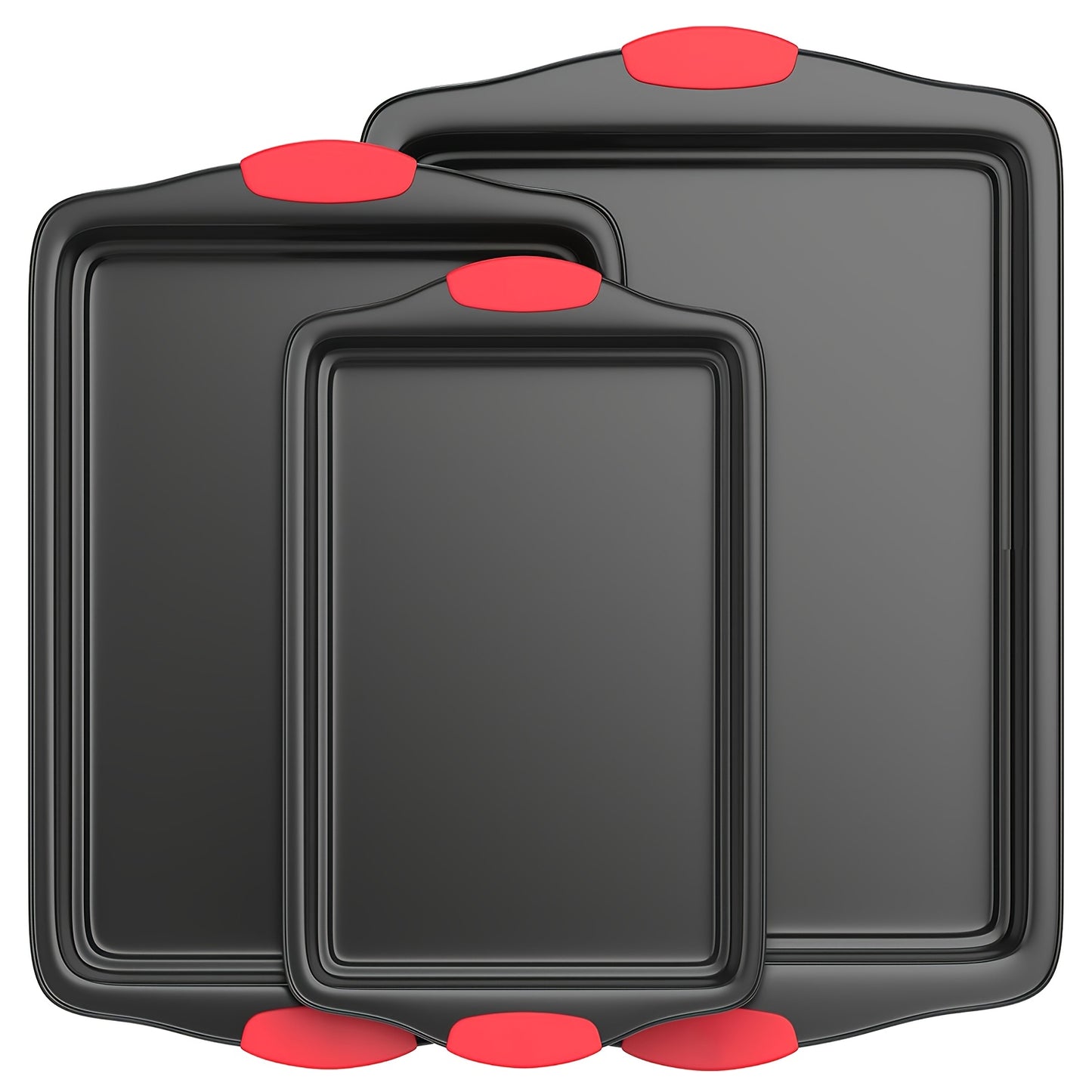 A334  Heat Resistant Non-Stick Baking Tray with Red Silicone Handle, Rectangular Household Oven Bakeware for Cake Cookie Bread, Durable Easy Clean Kitchen Baking Pan Mold