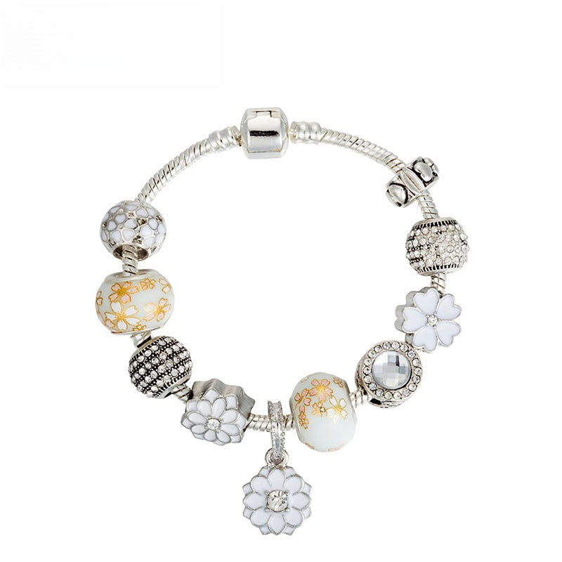 White Diamond-Studded Ball Bead Bracelet White Glass Bead Bracelet with Dripping Floral Design