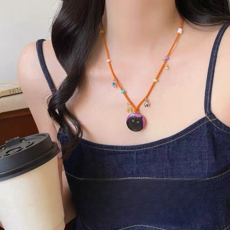 A301  Fashion Dopamine Beaded Cat Necklace, Personality Sweet Style All-Match Choker Jewelry