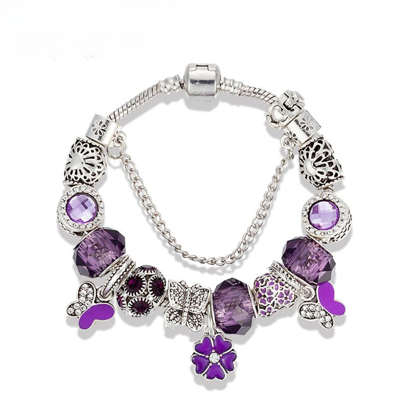 High-Quality New Crystal Bead Bracelet Purple Butterfly Flower Bracelet