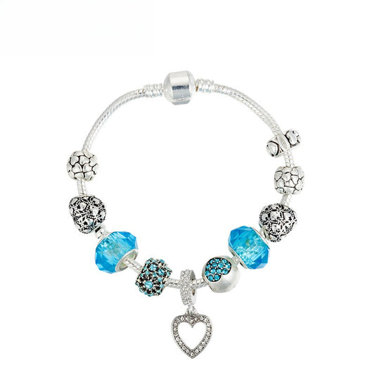 Heart-Shaped Diamond-Studded Pendant Bracelet Blue Crystal Beaded Bracelet