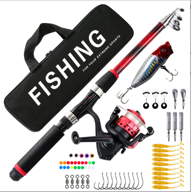 Complete Travel Fishing Kit 1.8M Black Red Collapsible Fishing Pole, SSR Pre‑Loaded Spinning Reel, Assorted Lures Hooks Sinkers Set, Lightweight Carry Bag for Outdoor Angling
