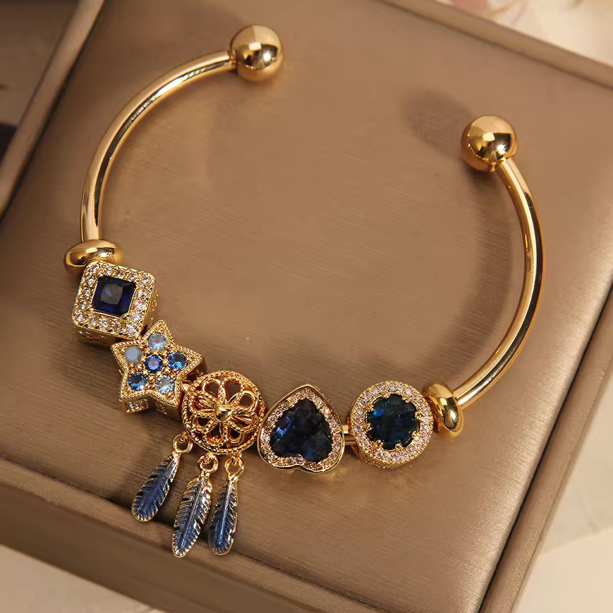 Women’s Blue Sapphire Ocean Heart Open Bangle, Luxury Star Dreamcatcher Feather Charm Bracelet