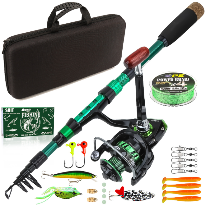 1.8M Green Carbon Telescopic Casting Sea Rod and Spinning Reel Kit, Complete Saltwater Freshwater Fishing Tackle Package with Carry Case